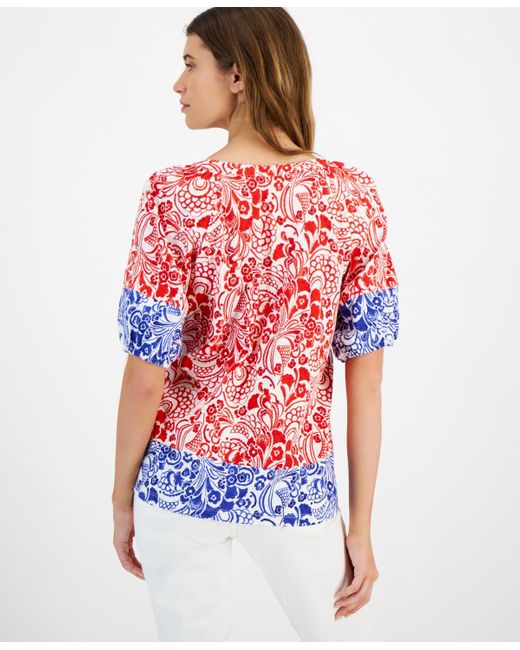 Tommy Hilfiger Red Cotton Floral-print Puffed-sleeve Top