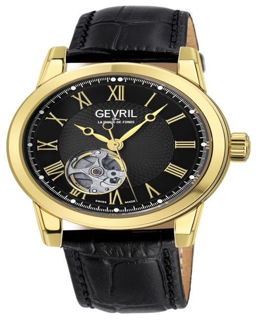 Gevril Madison Swiss Automatic Black Genuine Leather Strap Watch 39mm