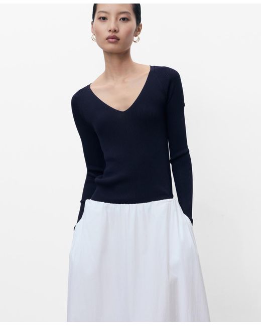 Mango Blue V-neck Ribbed Knit Sweater