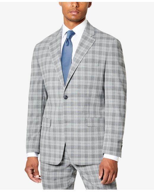 Sean John Gray Classic-fit Patterned Suit Jacket for men