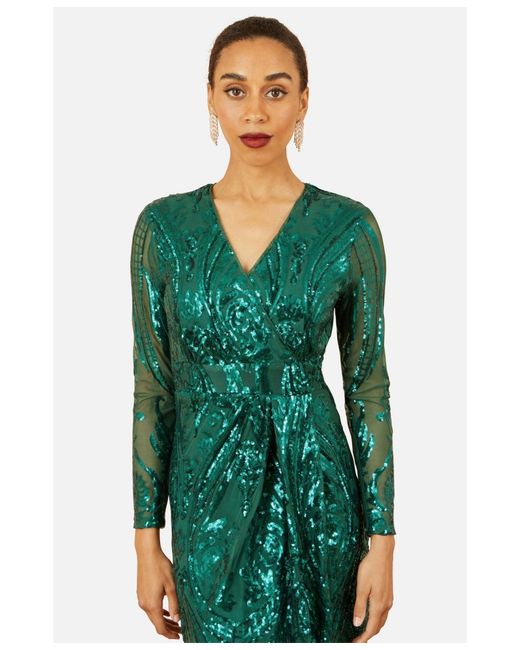 green sequin wrap dress Green Sequin Faux Wrap Flutter Sleeve Ruffle Dress (Plus)