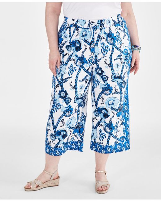 Style & Co. Blue Plus Size Linen Printed Drawstring Capri Pants