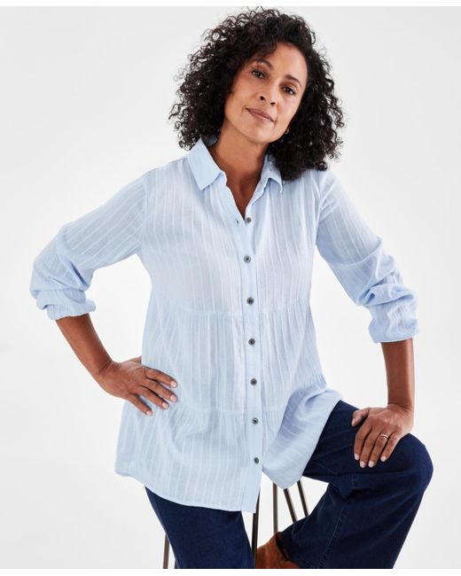 Style & Co. White Textured-stripe Button Shirt