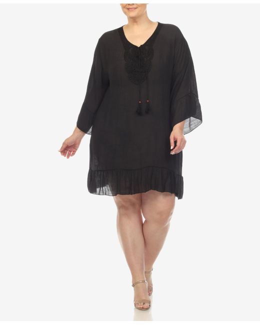 White Mark Black Plus Size Sheer Embroidered Knee Length Cover Up Dress