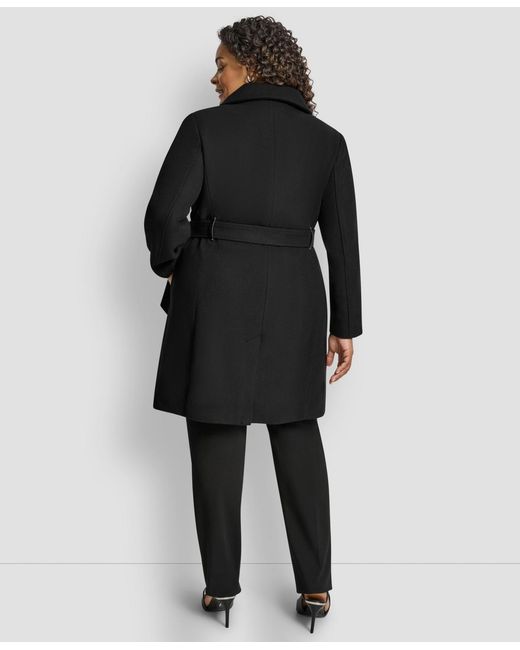 DKNY Black Plus Size Belted Zip-up Wool Coat