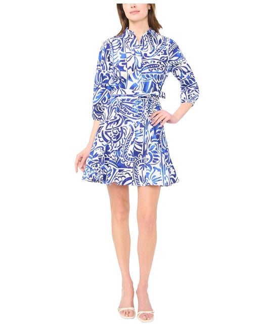 Msk Women's Blue Long-sleeve Tie-waist Dress