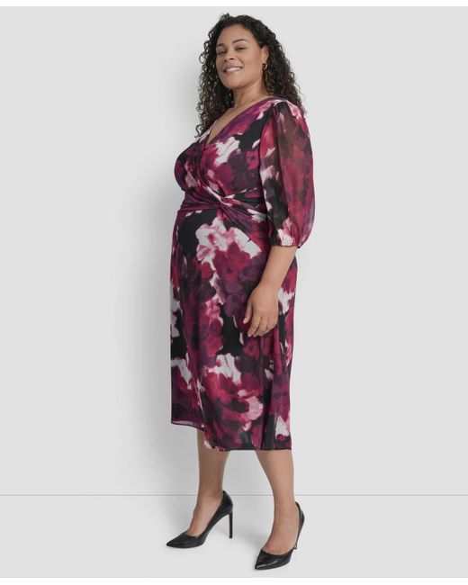 DKNY Red Plus Size Bubble Sleeve Surplice Neck Front Knot Midi Dress