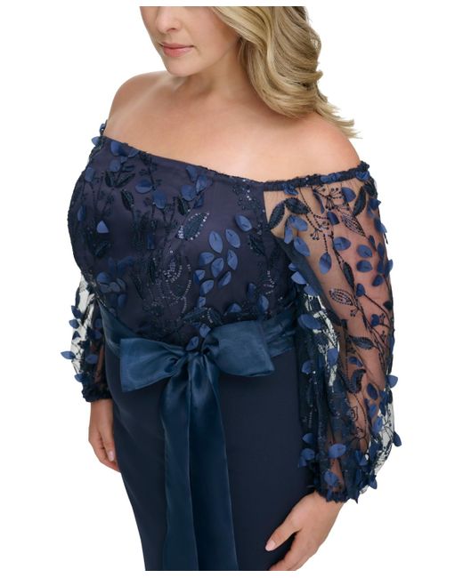 Eliza J Blue Plus Size Floating Petals Off-the-shoulder Gown