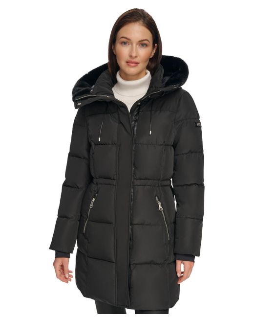DKNY Black Faux-fur-trim Hooded Anorak Puffer Coat