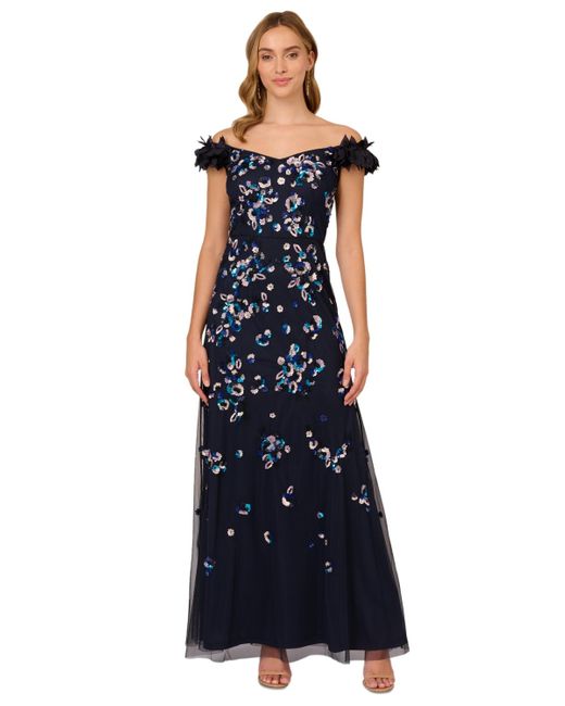 Adrianna Papell Blue Beaded Off-the-shoulder Ball Gown