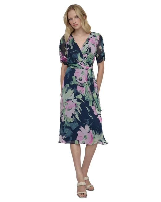 DKNY Floral Tie-waist Ruched-sleeve Dress in Blue | Lyst