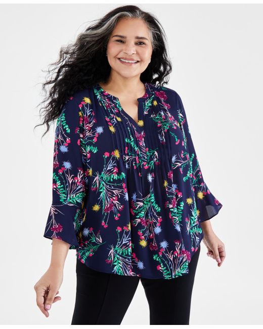 Style & Co. Blue Plus Size Printed Pintuck Blouse