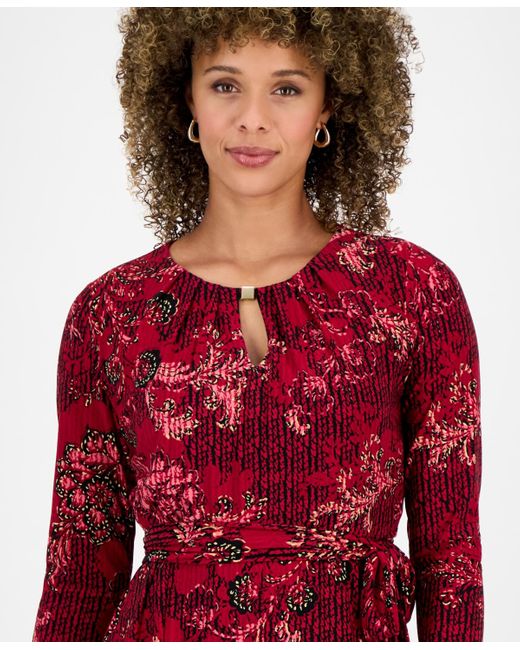 Kasper Red Printed 3/4-sleeve Midi Dress