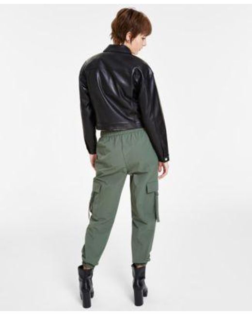 BarIII Green Faux Leather Cropped Jacket Textured Sleeveless Top Everything Cargo Pants Created For Macys