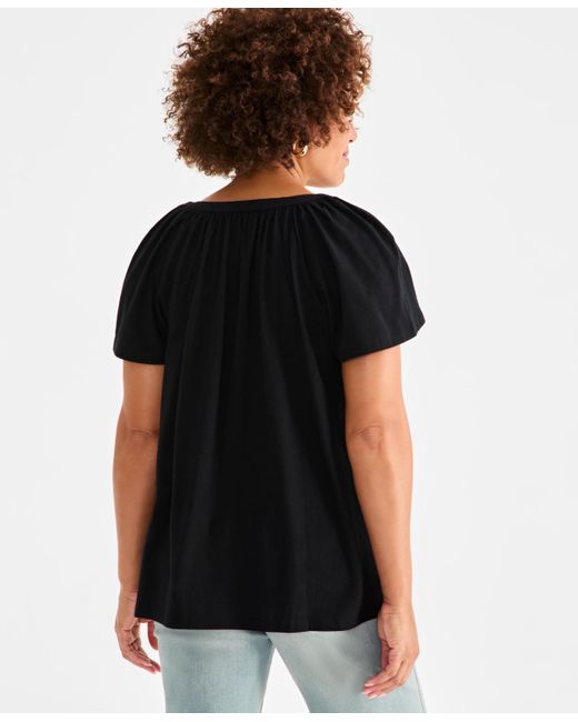 Style & Co. Black Petite Button-front Flutter-sleeve Top