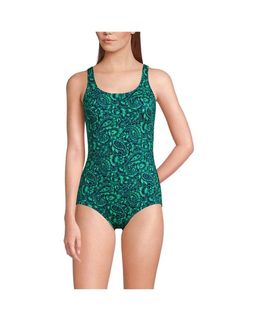 Lands' End Green D-cup Scoop Neck Soft Cup Tugless Sporty One Piece Swimsuit Print