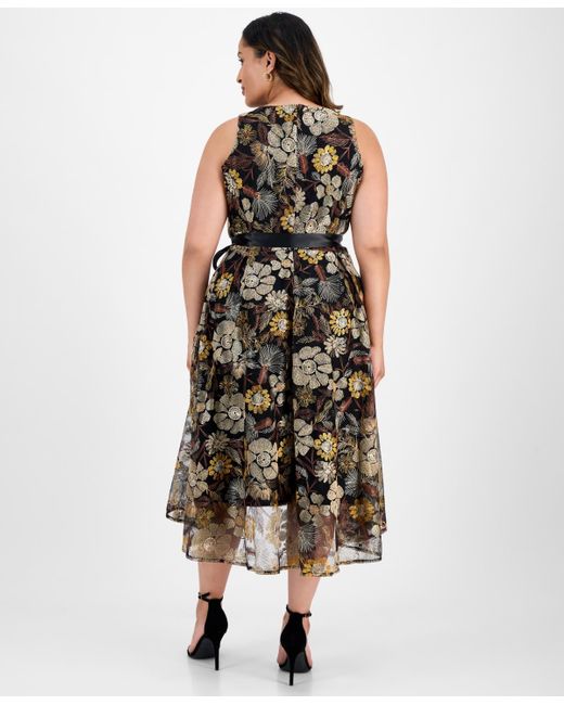 Tahari Multicolor Plus Size Embroidered-mesh Tie-waist Dress