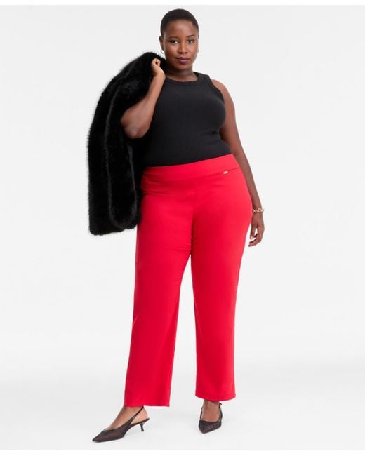INC International Concepts Red Plus Size Mid-rise Pull-on Straight-leg Pants