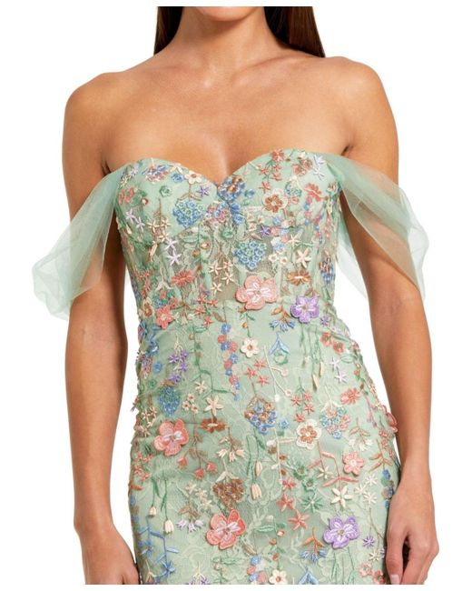 Mac Duggal Green Off The Shoulder Bustier Emboridered Net Gown