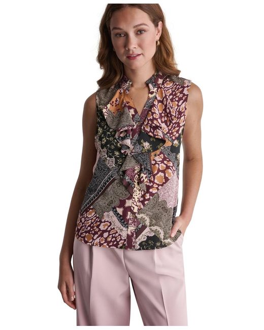 BCBGMAXAZRIA Multicolor Ruffle Mixed Print Button-front Blouse