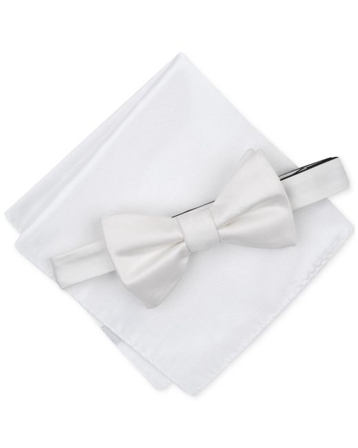 Alfani White Solid Texture Pocket Square And Bowtie for men