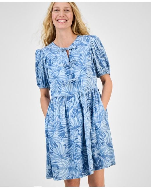 Nautica Blue Palm-print Bow-trim Dress