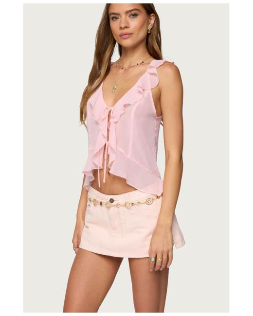 Edikted Pink Roxan Ruffle Chiffon Tie Front Top