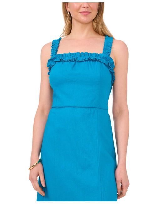 1.STATE Blue Ruffled Square-neck Sleeveless Midi Dress