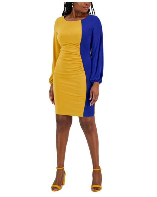 Kasper Yellow Quinn Colorblocked Split-sleeve Dress