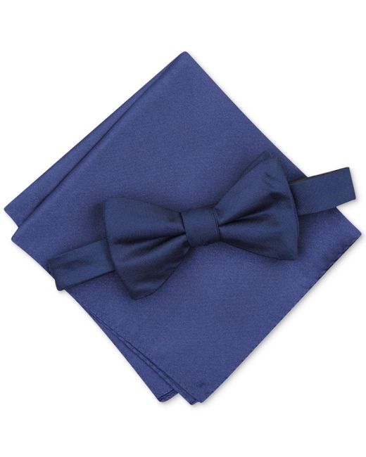 Alfani Blue Solid Texture Pocket Square And Bowtie for men