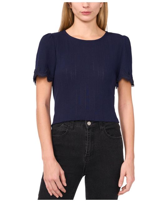 Cece Blue Scalloped-cuff Lace-trim Round-neck Top