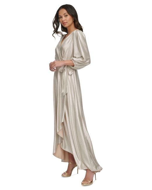 DKNY White Metallic Textured Faux-wrap Gown
