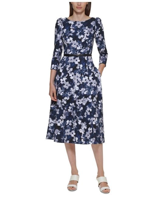 Calvin Klein Synthetic Floral-print Belted Midi Dress in Indigo Print ...