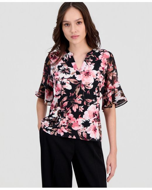 Anne Klein Essentials Red Petite Ruffle-cuff Split-neck Top