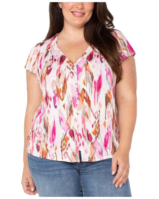 Liverpool Los Angeles Red Liverpool Plus Size Flutter-sleeve Button-front Top