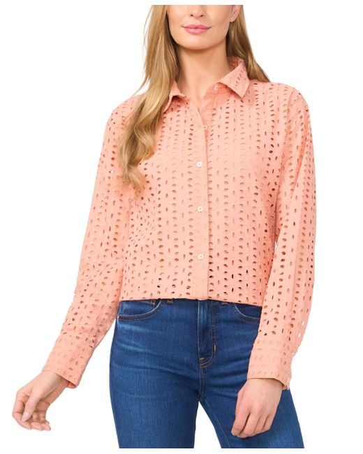 Cece Orange Collared Button-front Eyelet Blouse