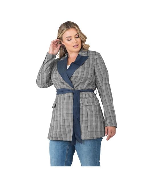 Standards & Practices Blue Plus Size Plaid Wrap Blazer