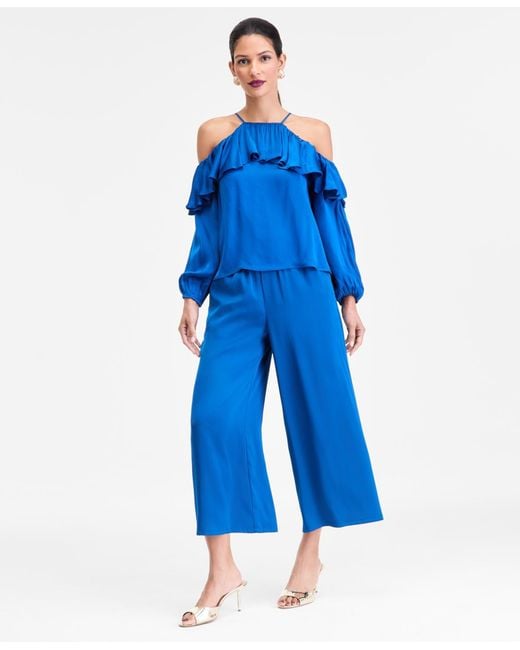 INC International Concepts Blue Cold-shoulder Long-sleeve Ruffle Blouse