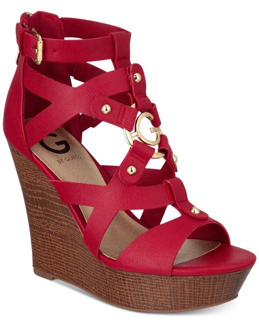 G by Guess Red Dodge Platform Wedge Sandals