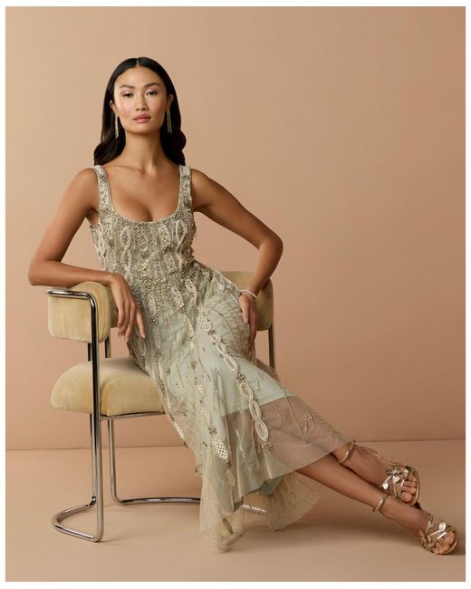 mac duggal green embellished mesh sleeveless scoop neck midi dress Petite in Sizes XS - 5XL