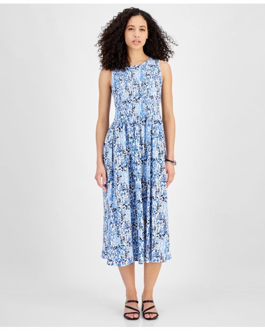 Tommy Hilfiger Blue Floral Print Smocked Sleeveless Midi Dress