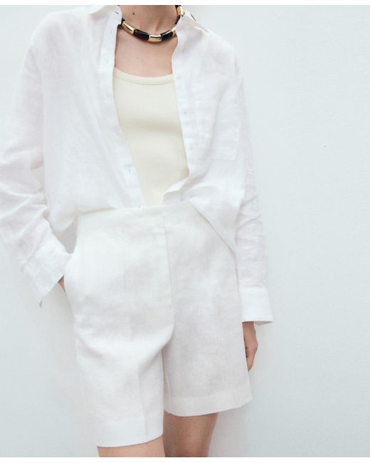 Mango White Straight-fit Linen Shorts
