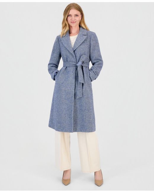 Cece Blue Single-breasted Herringbone Wrap Coat