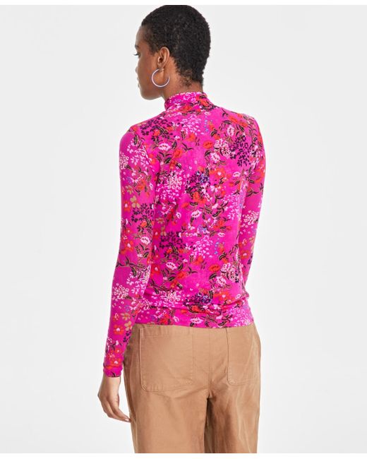 On 34th Pink Patterned Mock-neck Mesh Top