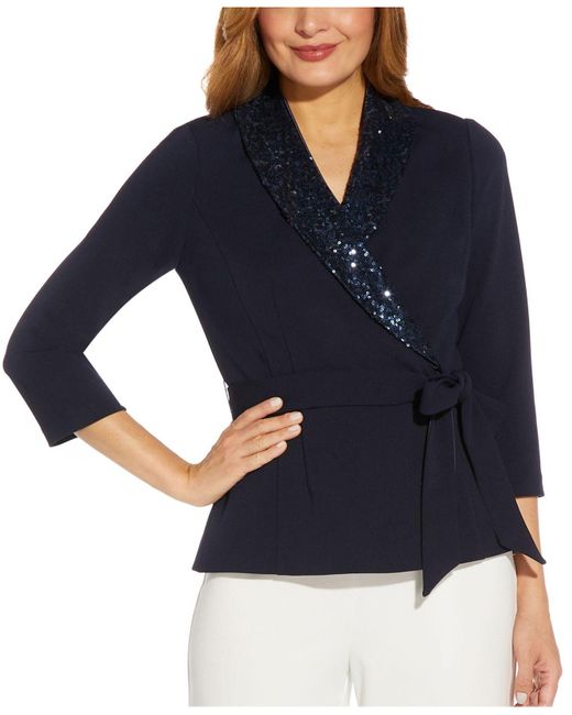 Adrianna Papell Blue Sequin-embellished Tuxedo Top