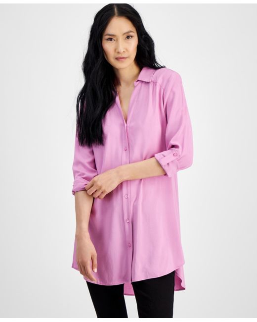 INC International Concepts Pink Roll-tab Button-down Long Blouse