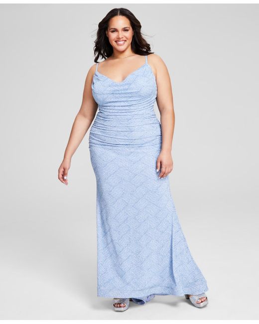 B Darlin Blue Trendy Plus Size Glitter-knit Ruched Gown