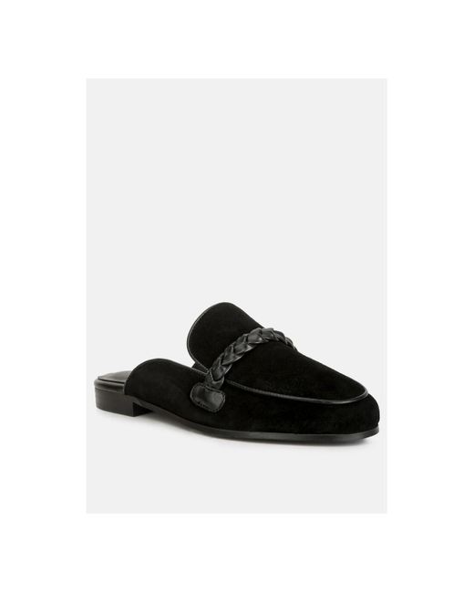 Rag & Co Black Lavinia Suede Leather Braided Detail Mules