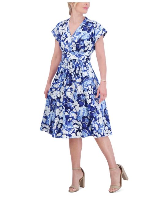 Jessica Howard Blue Petite Cotton Poplin Floral Fit & Flare Dress