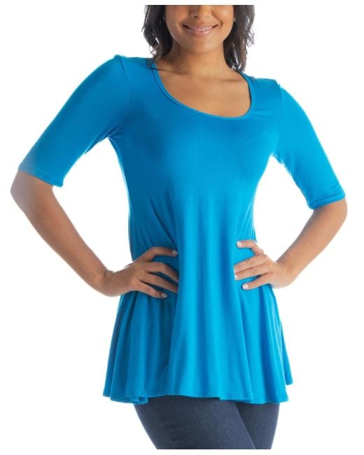 24seven Comfort Apparel Blue Elbow Sleeve Swing Tunic Top